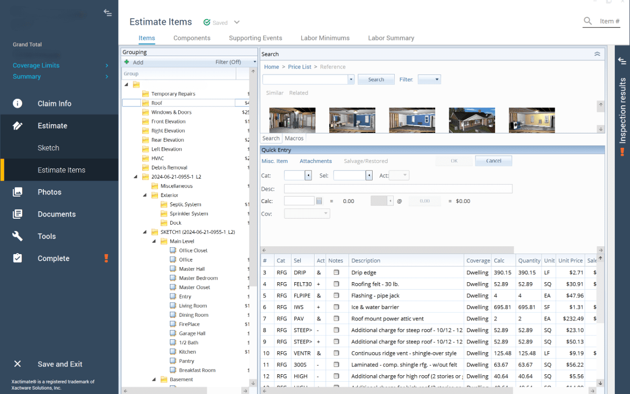 Estimate items and image thumbnails.