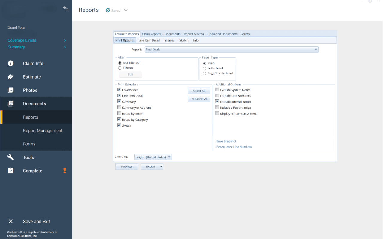 Report generation options and settings.